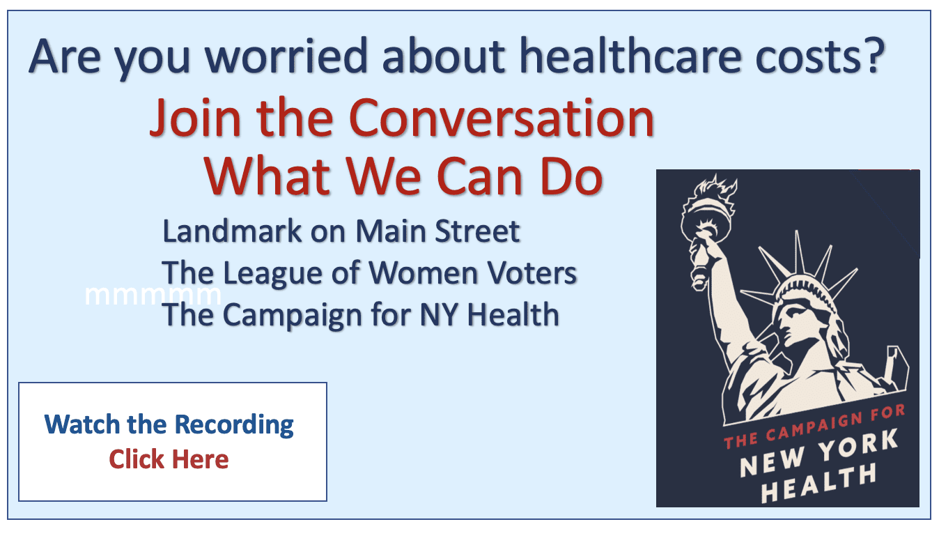 Flyer for a healthcare costs discussion event, featuring the Campaign for New York Health logo with the Statue of Liberty.